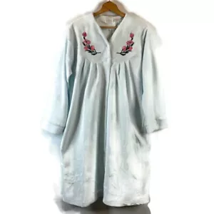 Go Softly Womens Robe Size Large Light Blue Floral Snap Up Soft Warm w/ Pockets - Picture 1 of 10