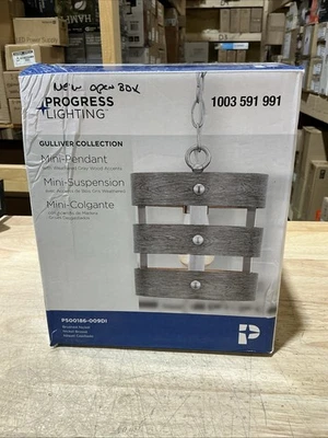 Progress Lighting Gulliver 1Light Brushed Nickel Pendant Weathered Gray Wood - Image 1 of 3