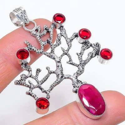 Ruby(Simulated), Garnet 925 Sterling Silver Jewelry Pendant 2.68" Gift Q765 - Image 1 of 4