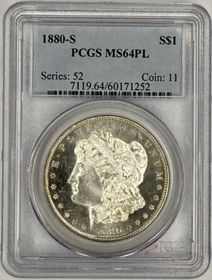 1880 S Morgan Silver Dollar $1 PCGS MS64 PL ⏺️PROOF LIKE & BLAST WHITE⏺️ - Image 1 of 2