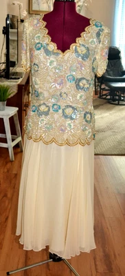 Vtg Niteline Della Roufogali Silk Beads Foral Gold Pearl sequin Evening Dress 16 - Image 1 of 4