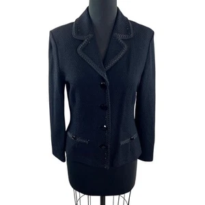 Vintage ST.JOHN Black Blazer Ribbon Knit Long Sleeve Notch Lapel Single Breasted - Picture 1 of 6