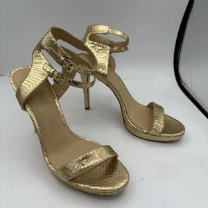 Michael Kors Heels Womens 10 Gold Snake Print Leather Stiletto 2 Ankle Strappy - Picture 1 of 10