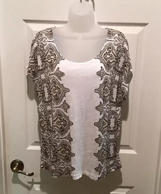 J. Blusa Crew Feminina Geométrica Preta Bege Off White Linho Tamanho Pequeno Excelente Estado Usado - Imagem 1 de 4