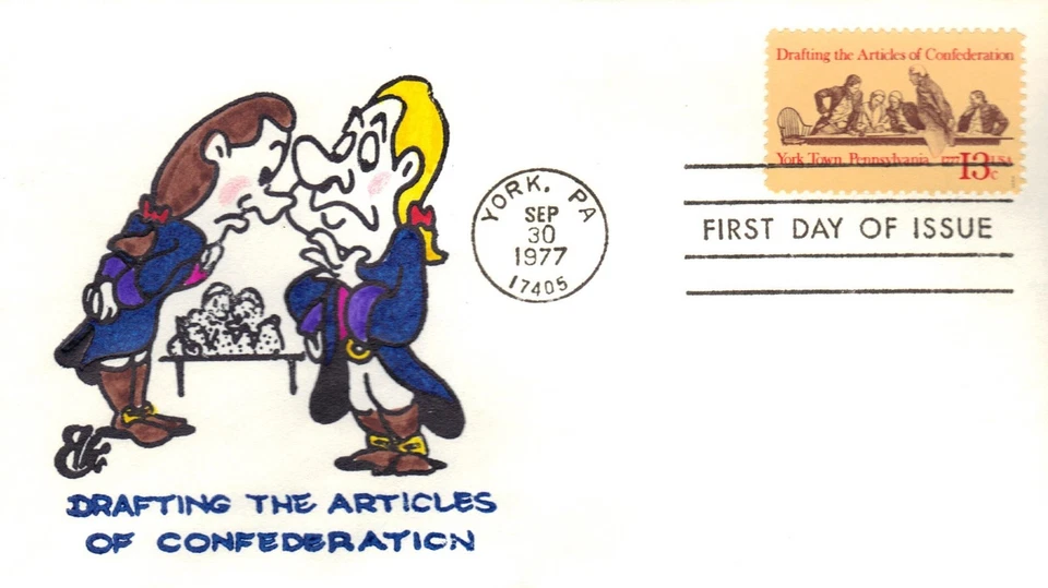 USA HAND PAINTED RICHARD ELLIS ANIMATED FDC 1977 ARTICLES CONFEDERATION + CACHET - Image 1 of 1