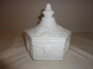 Vintage Imperial Milk Glass Grape Leaf Candy Dish W Lid Hexagon Panel - Picture 1 of 3