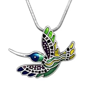 Silver Tone Multicolor Enameled Hummingbird Pendant Necklace 19" Chain Bird - Picture 1 of 2
