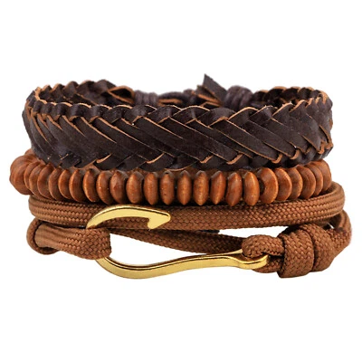 3pcs Men's Retro  Braided Leather Wood Beaded Fish Hook Bracelet Set Stackable - Image 1 of 4