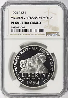 1994-P $1 Women Veterans Memorial Commemorative Silver Dollar NGC PF68UCAM - Image 1 of 2