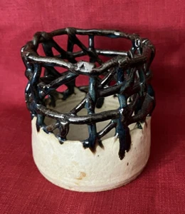 Hand Made Art Pottery Wine Bottle Holder Candle Holder Reticulated Edge Unique - Picture 1 of 12