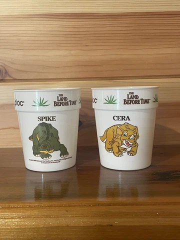 2 Vintage The Land Before Time 1988 Child Tumbler Cups Ziplock Cera & Spike 8oz Cover