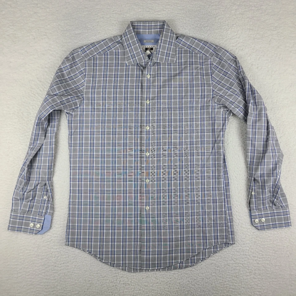 Camisa masculina Joseph Abboud azul média cinza xadrez vestido sem ferro botão para cima - Imagem 1 de 4