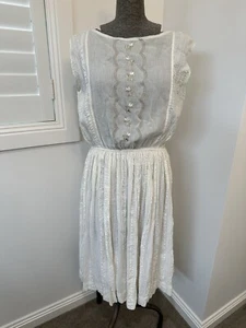 Vintage 50s 60s Off White Cotton Gauze Embroidered Dress M 12 - Picture 1 of 11
