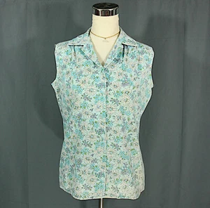 Vintage Floral Daisies Sleeveless Collared Blouse Button Shirt M 1970s Country - Picture 1 of 6