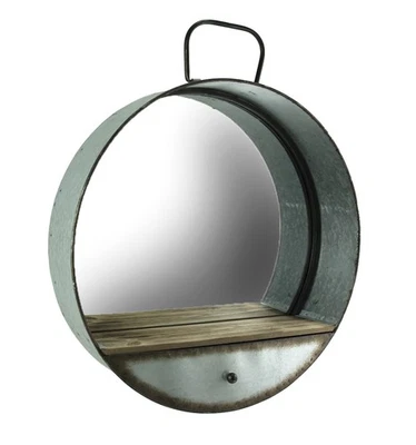 Zeckos Rustic Galvanized Metal Tub Frame Round Wall Mirror with Drawer - Image 1 of 3
