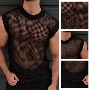 Trendy Men's Mesh See through Sleeveless Tank Top Streetwear Nightclub Vest - Picture 1 of 19