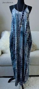 New Womens BOHO BLUE TIE DYE SLEEVELESS ADJUSTABLE MAXI DRESS POCKETS S M XL 1X - Picture 1 of 4