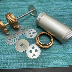 Mirro Cooky Cookie Press Aluminum w Copper Trim 2” Diameter Vintage & 5 Discs - Picture 1 of 6