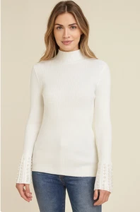 Aqua Ribbed Knit Turtleneck Pearled Wrist Sweater Womens Medium Ivory New - Picture 1 of 8