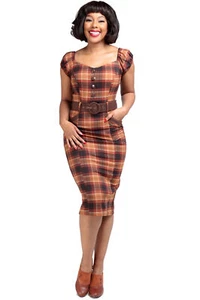 Collectif »BLANCHE CASTNUT CHECK« Cuadros Tartán LÁPIZ Vestido Lápiz Plomo Rockabilly - Imagen 1 de 6