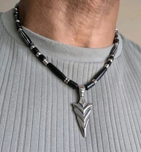 Mens Arrow Head pendant,beaded Necklace,Black & stainless steel Beads,Handmade - Picture 1 of 9