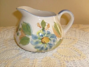 Small VTG Hand painted in Portugal Blue & Yellow Floral milk creamer pitcher - Picture 1 of 7