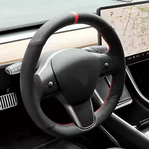 Black Suede&Hole Leather Steering Wheel Hand Sewing Wrap For Tesla model 3 Y - Picture 1 of 8