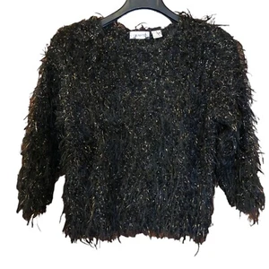 Gantos Vintage Women's Sweater Fuzzy Eyelash Black Gold-Sparkly 3/4-Sleeve LARGE - Picture 1 of 9