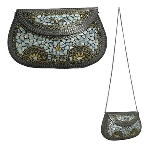 Sac pochette métal vintage années 60 70 bandoulière sac à main laiton MOP incrustation boho neuf sans étiquette - Photo 1/24