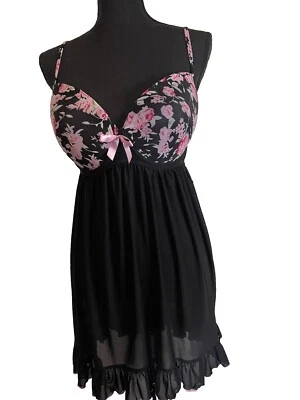 Fantasy 1X/2X Black Sheer Sexy Underwired Pink Bows Sheer Floral Lingerie Ruffle - Image 1 of 4