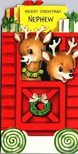 Santa Claus Train Engine Caboose Reindeer Deer VTG Christmas Greeting Card - Picture 1 of 3