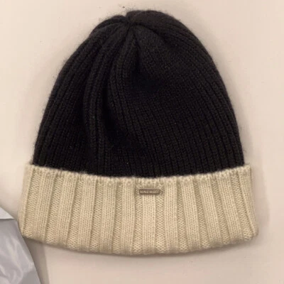 Nine West Black Winter Hat White Rib Knit Cuff Wool Blend - Image 1 of 4
