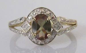 Gold Diamond Ring - 9ct Yellow Gold Sphene Diamond 3 Stone Ring Size P 1/2 - Picture 1 of 18
