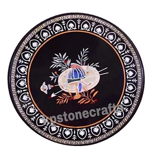 Black Marble Coffee Table Top | Semi-Precious Stone Inlay Floral Design | Luxury - Picture 1 of 7
