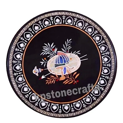 Black Marble Coffee Table Top | Semi-Precious Stone Inlay Floral Design | Luxury - Image 1 of 4