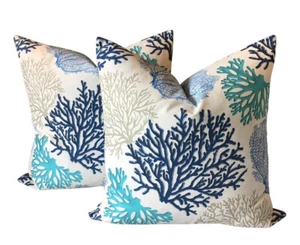 One Pair Pillow Covers Vilber Coral Motif In Blues And Turquoise Linen. - Picture 1 of 7