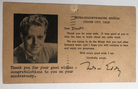 Rare 1938 NELSON EDDY Thank You Postcard Metro-Goldwyn-Mayer Studios Cover