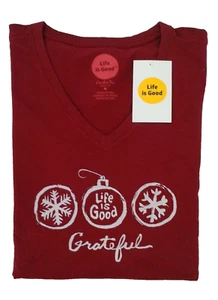 Life Is Good LS Shirt Crusher Vee GRATEFUL ORNAMENT Christmas Chest38in Womens S - Picture 1 of 7