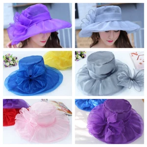 Women Summer Sun Hat Organza Fascinator Bridal Lace Tea Party Travel Beach Cap - Picture 1 of 21