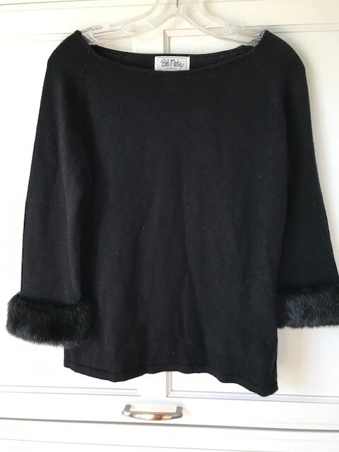 Suéter Bob Mackie Talla S Negro Seda Mezcla Angora Mangas 3/4 Borde de Piel Sintética Foto 1 de 4