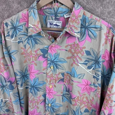 复古 Robert Stock Island 男式夏威夷衬衫 XL 米色粉色蓝色花卉 100% — 第 1/4 张图片
