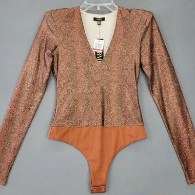 Body para mujer AFRM talla XS marrón elástico bronce brillante sensual mangas con cuello en V Foto 1 de 4