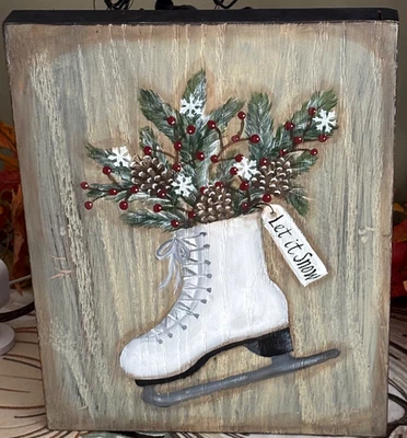 *~* HAND PAINTED ICE SKATE * GREENS * BERRIES * SNOWFLAKES *~* RECLAIMED WOOD - Image 1 of 4