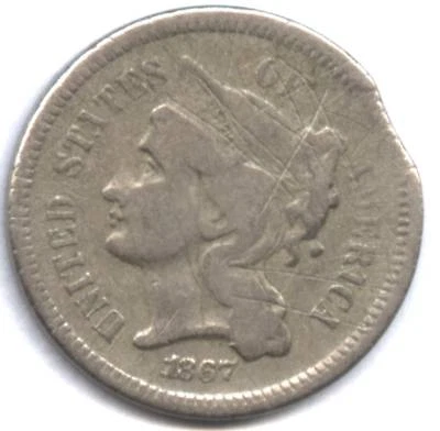 1867 3 CENT NICKEL * MINT MADE CLIP !! * RARE &  AFFORDABLE ERROR - Image 1 of 2