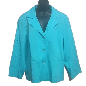 Susan Graver Blazer 1X Women's Turquoise Jacket Floral Cutout Sleeves and Back - Picture 1 of 11