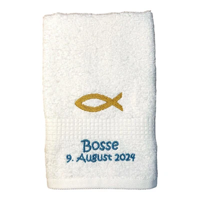 Fisch Ichthys Handtuch mit Name und Datum, Sauna, Wellness, Duschtuch, Taufe - Bild 1 von 4
