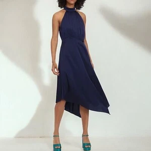 Maggy London Womens Dress Sz 10 Blue Satin Halter Style Midi Asymmetrical Formal - Picture 1 of 15