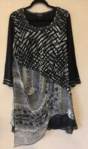 Threadz L Black Grey & Ivory Mixed Print Semi Sheer Tunic Top As New - Picture 1 of 8