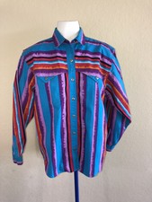 Womens Vintage Rodeo Western Wear Colorful Teal Red Purple Black Striped Shirt L