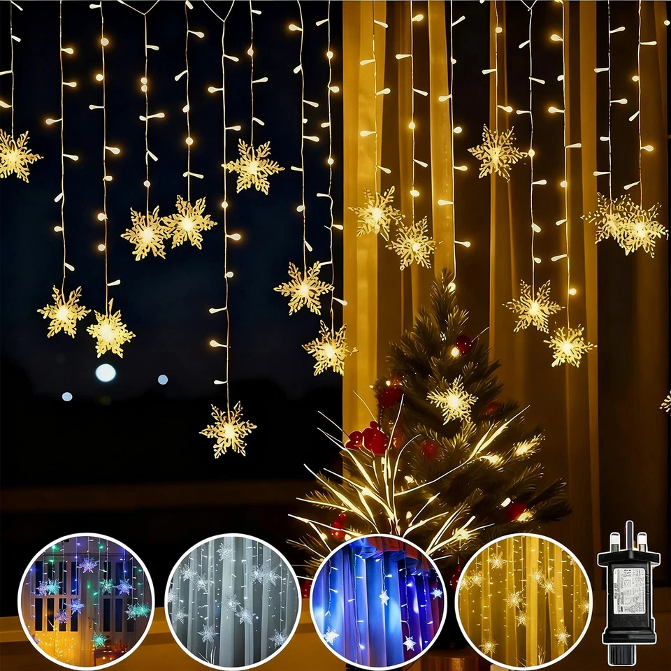 Christmas LED Curtain Snowflake Lights Window String Fairy Waterproof Decor Xmas - Image 1 of 4